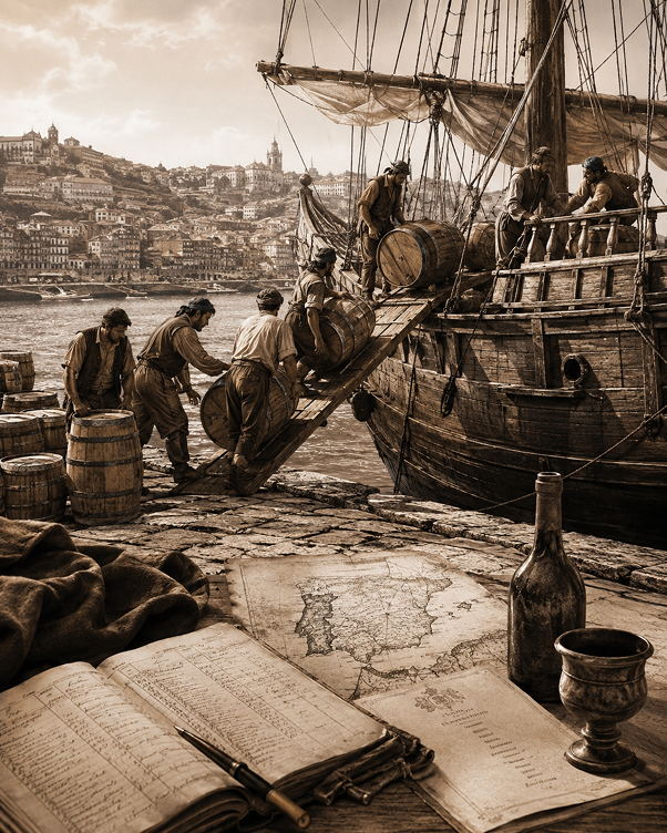 Barrels on a quay beside an old map and ledger