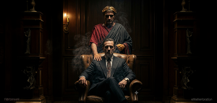 A Roman figure standing behind a man in a leather armchair