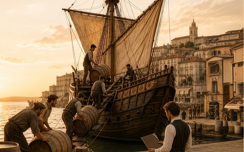 Barrels being loaded onto a ship in a sunlit harbour