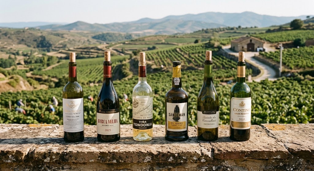 Six Iberian bottles on a stone wall above terraced vineyards