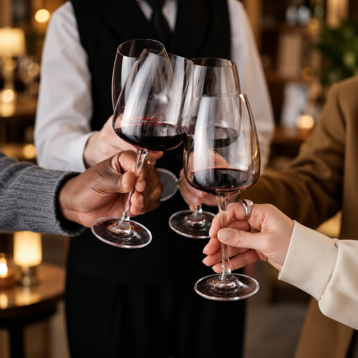Hands raising glasses of red wine in a toast