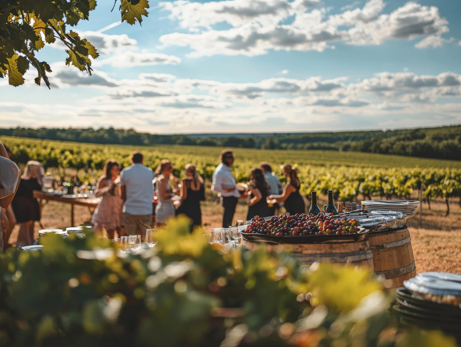 Guests gathered around a table in a vineyard at dusk